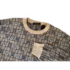 Segreto Sweater Mens XL Tan Merino Wool Windowpane Scroll Italy Knit Vintage